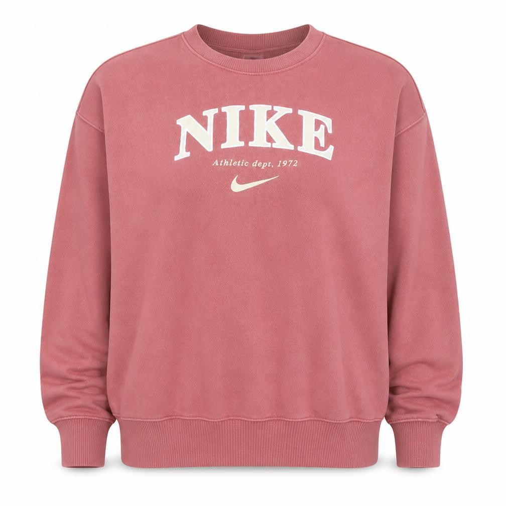 Front view of Nike women’s pink crew neck pullover sweatshirt l logo print