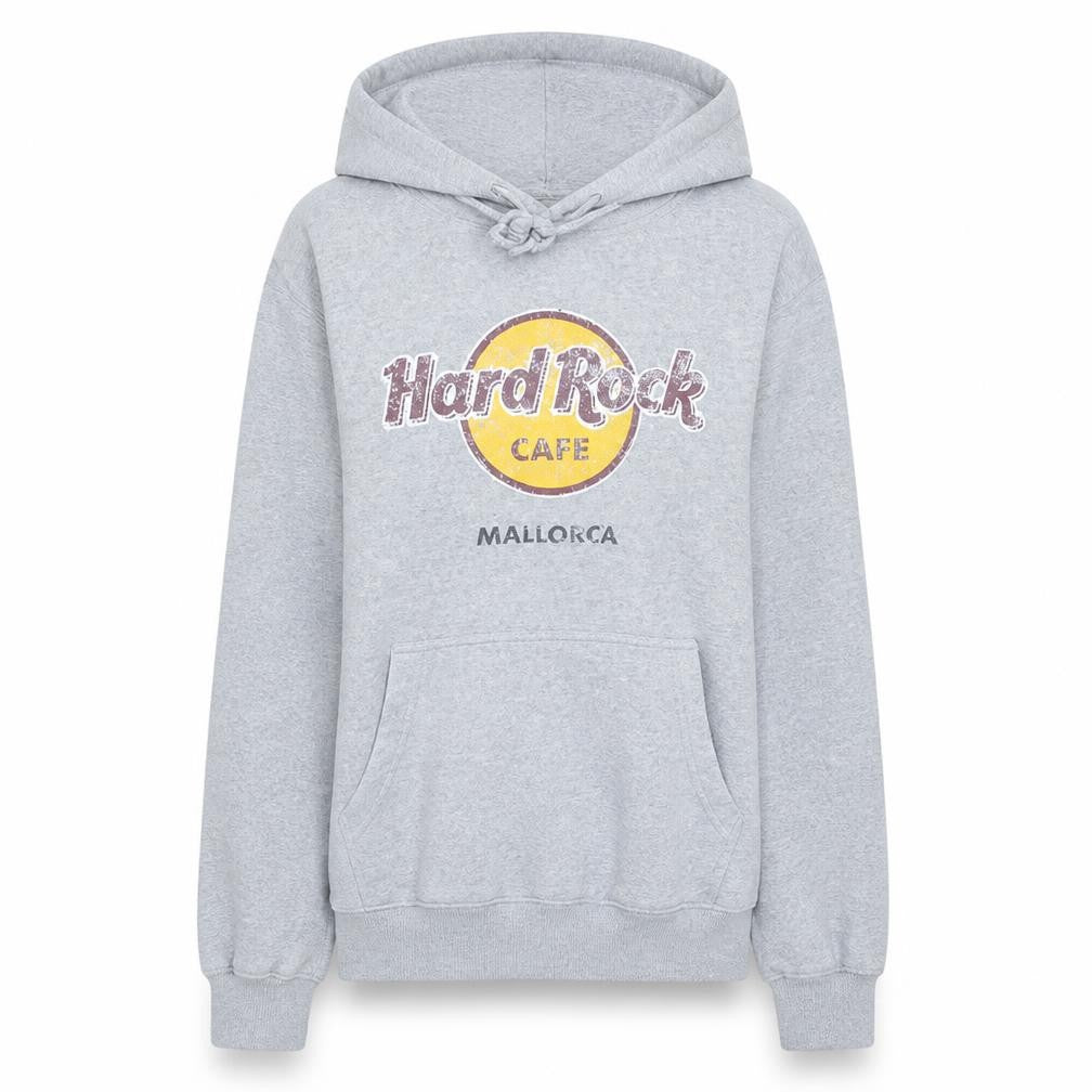 Front view of Hard Rock Cafe women’s grey pullover hoodie, size M, mallorca print