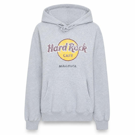 Front view of Hard Rock Cafe women’s grey pullover hoodie, size M, mallorca print