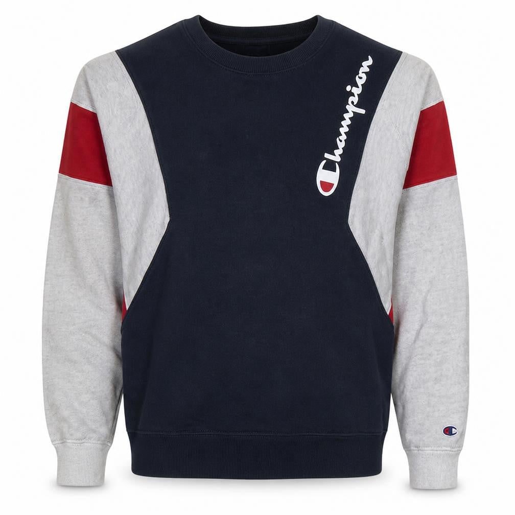 Front view of Champion Men's Blue Medium Crew Neck Logo Pullover Sweatshirt