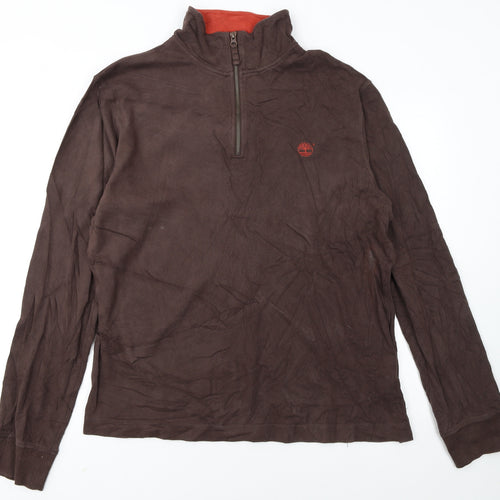 Timberland Men Brown XL 1/4 Zip Cotton Sweatshirt Regular Fit