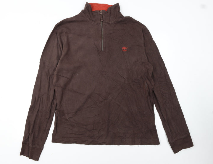 Timberland Men Brown XL 1/4 Zip Cotton Sweatshirt Regular Fit