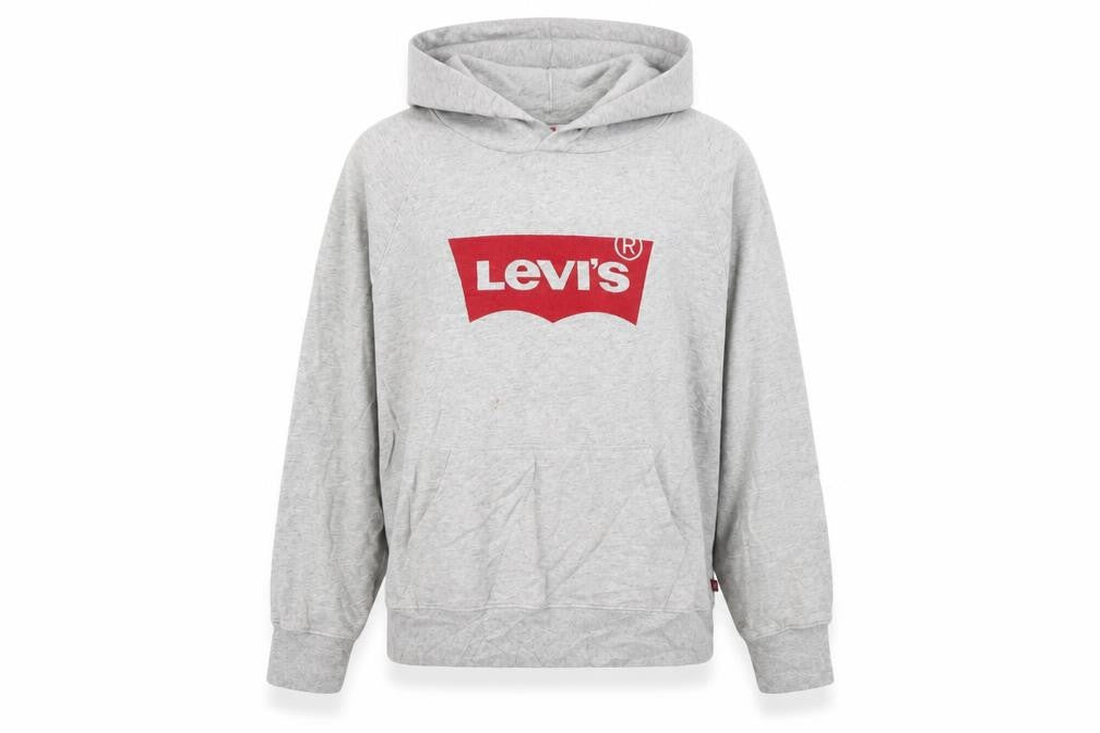 Front view of Levi's women’s grey pullover hoodie xl logo print cotton blend