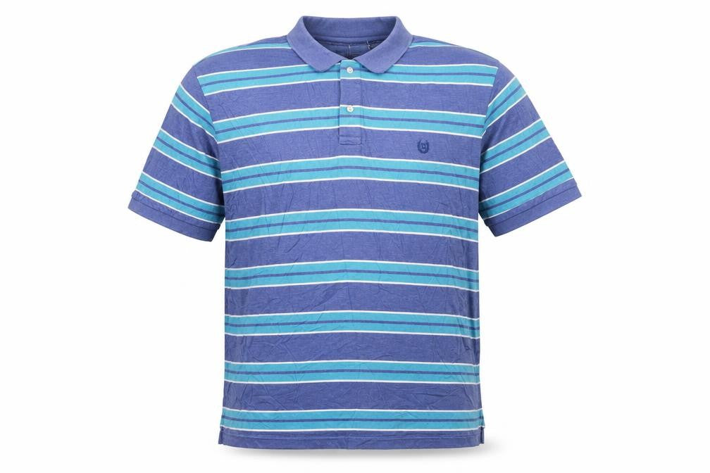 Front view of Chaps Men's Blue Striped Collared 2XL Cotton Stretch Polo Shirt