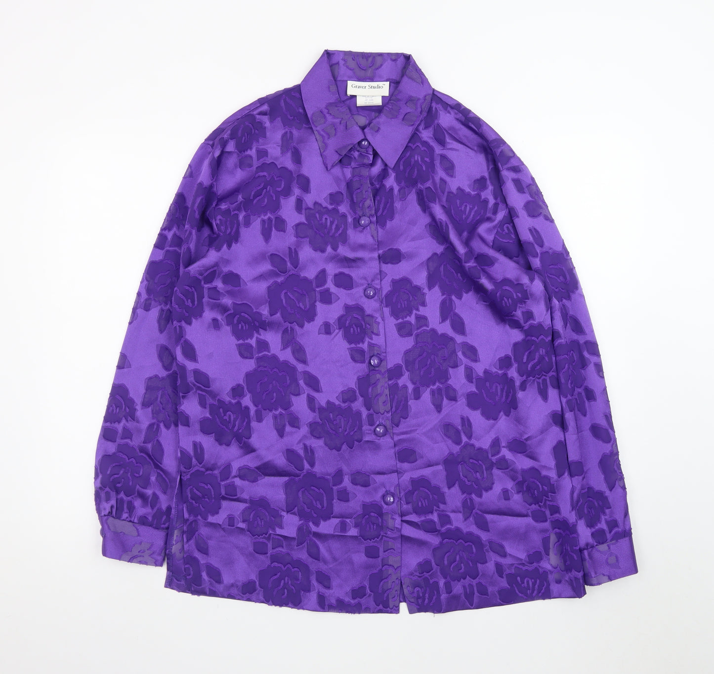 Graver Studio Women’s Purple Floral Button-Up Satin Shirt Size S