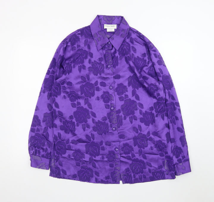 Graver Studio Women’s Purple Floral Button-Up Satin Shirt Size S