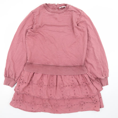 Next Women Pink Fit & Flare Long Sleeve Cotton Dress M