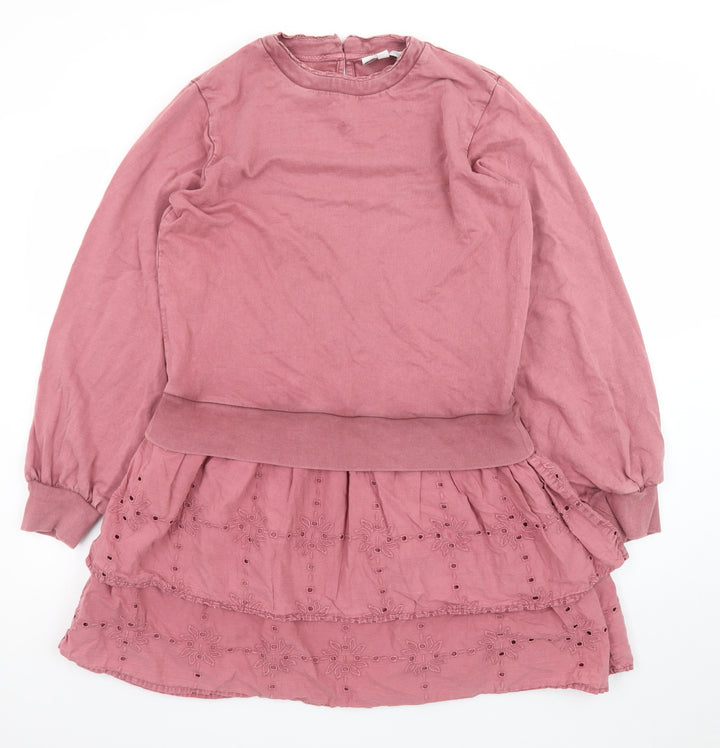 Next Women Pink Fit & Flare Long Sleeve Cotton Dress M