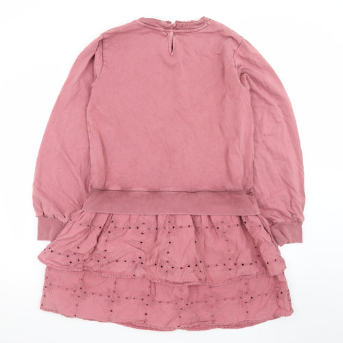 Next Women Pink Fit & Flare Long Sleeve Cotton Dress M