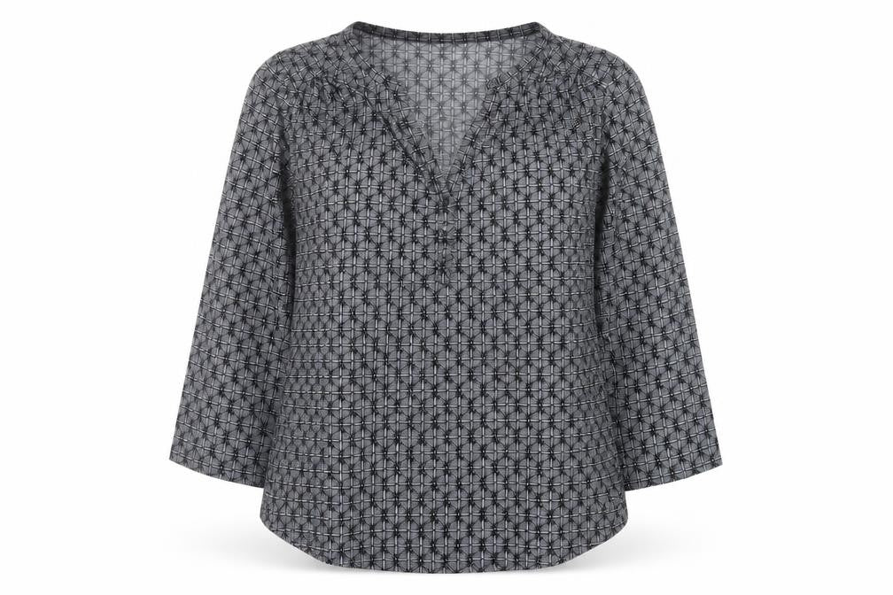 Front view of H&M Women's Grey Geometric V-Neck Tunic Blouse, size 12