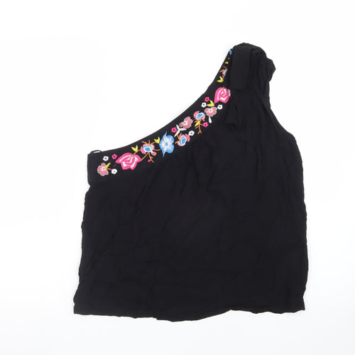 Rose & Thyme Women's Black One Shoulder Embroidered Chiffon Blouse Size M