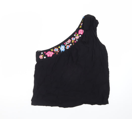 Rose & Thyme Women's Black One Shoulder Embroidered Chiffon Blouse Size M