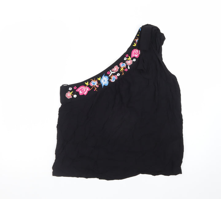 Rose & Thyme Women's Black One Shoulder Embroidered Chiffon Blouse Size M
