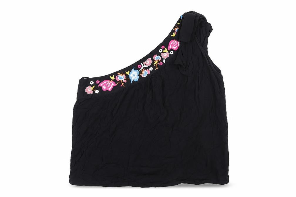 Front view of Rose & Thyme Women's Black One Shoulder Embroidered Chiffon Blouse, size M