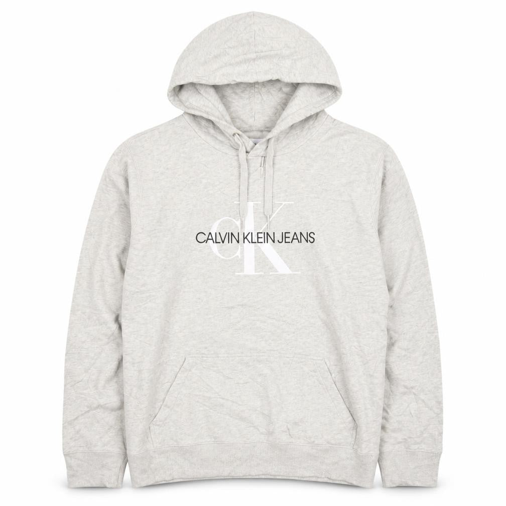 Front view of Calvin Klein Jeans Men's Grey XL Pullover Hoodie Logo Fleece