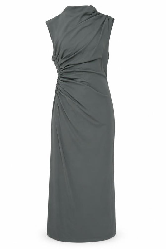 Front view of Zara Women’s Green Sleeveless Ruched Sheath Maxi Dress XS
