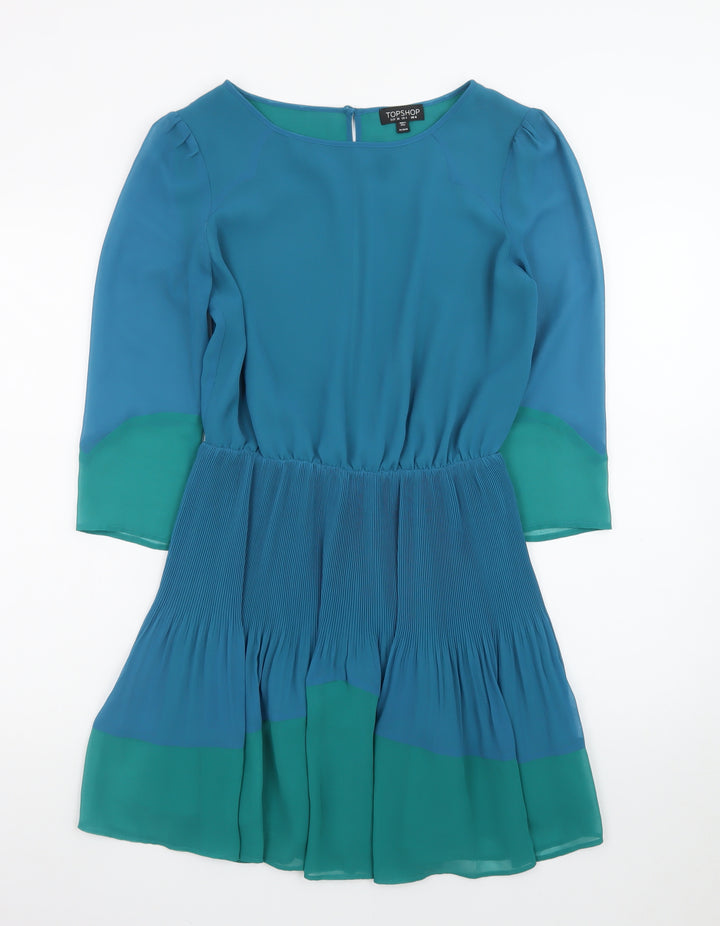 Topshop Women's Blue Colourblock Chiffon A-Line Dress Size 8