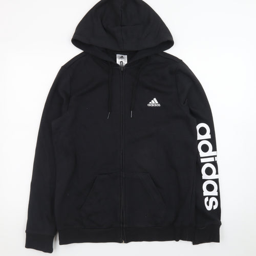 Adidas Womens Black Full Zip Hoodie Size L 16-18 Logo Sleeve Sweatshirt