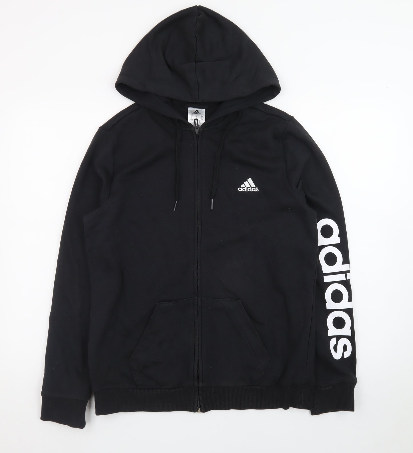 Adidas Womens Black Full Zip Hoodie Size L 16-18 Logo Sleeve Sweatshirt