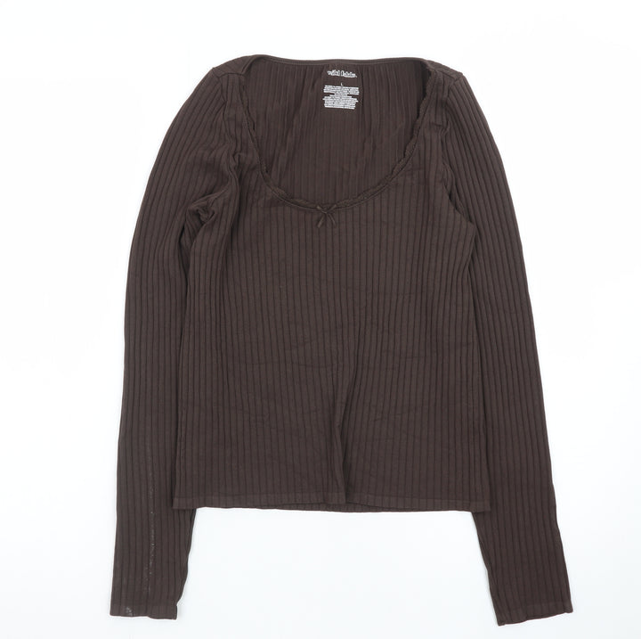 Wild Fable Women Brown Ribbed Long Sleeve Scoop Neck Top Size L