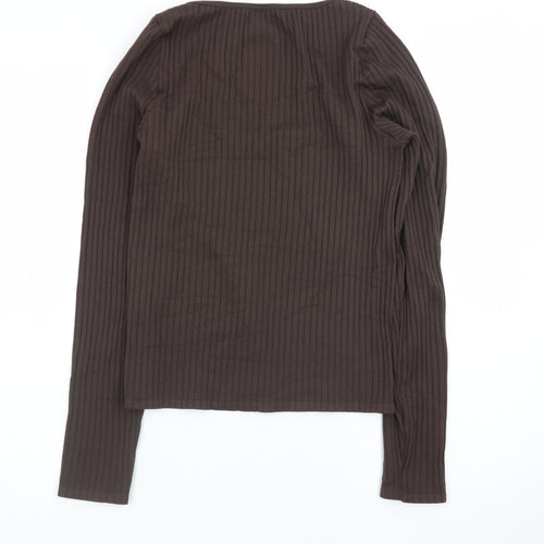 Wild Fable Women Brown Ribbed Long Sleeve Scoop Neck Top Size L