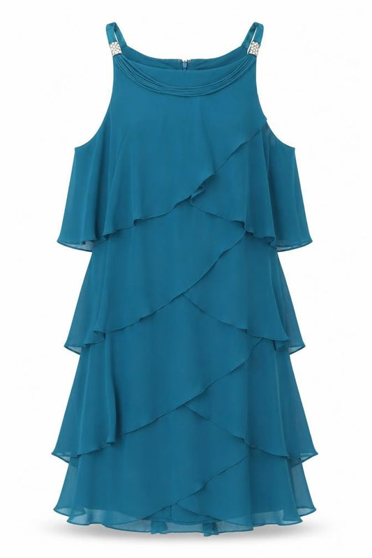 Front view of S.L. Fashions Women’s Blue Chiffon Layered Shift Dress, size UK 12