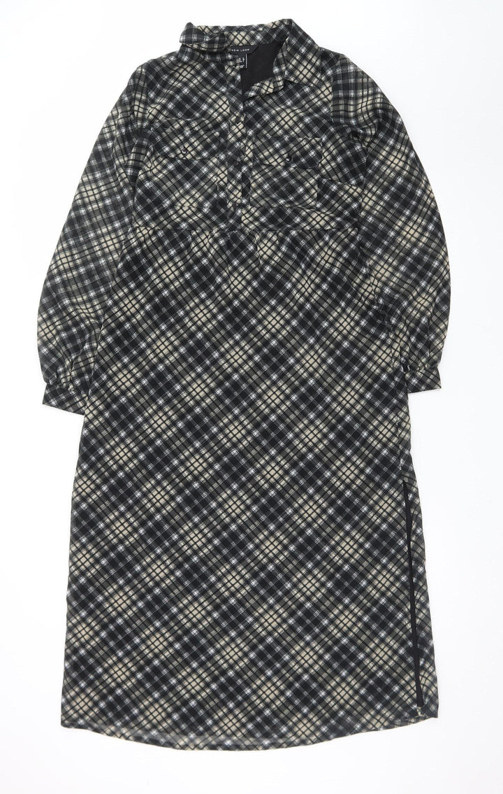 New Look Womens Black Check Collared Midi Shirt Dress Size 8