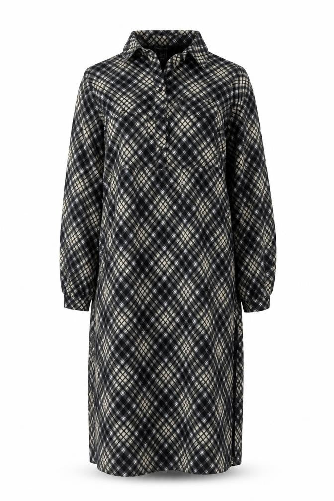 Front view of New Look women’s black check collared midi shirt dress, size UK 8
