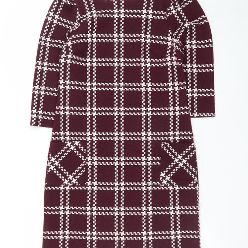 New Look Women Burgundy Check Shift Dress Size 6 3/4 Sleeve