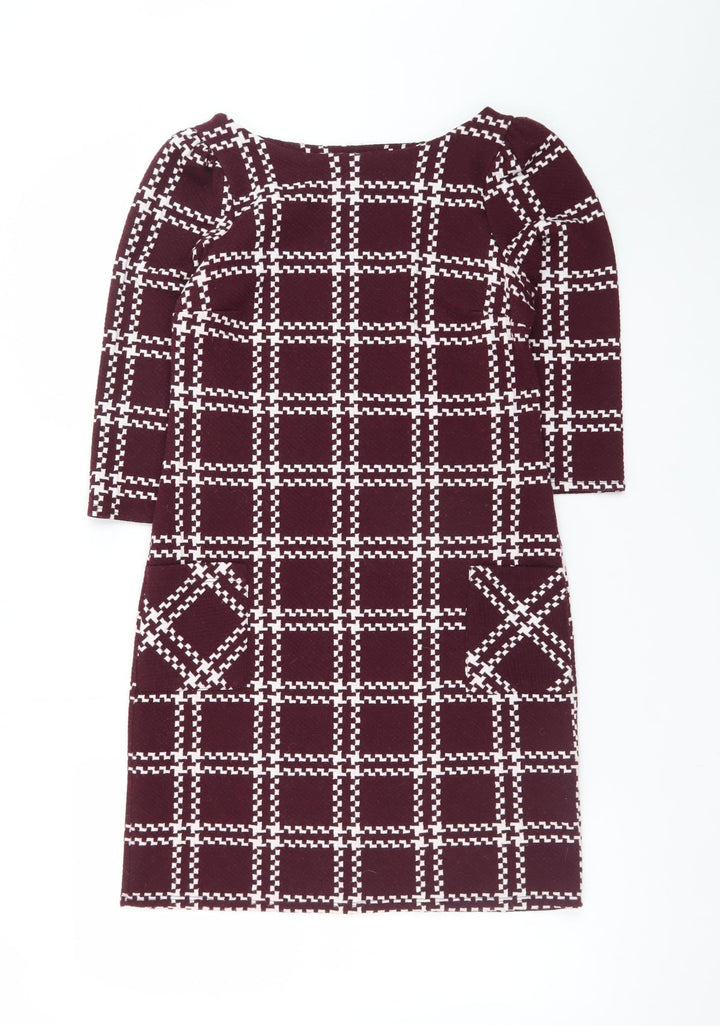 New Look Women Burgundy Check Shift Dress Size 6 3/4 Sleeve