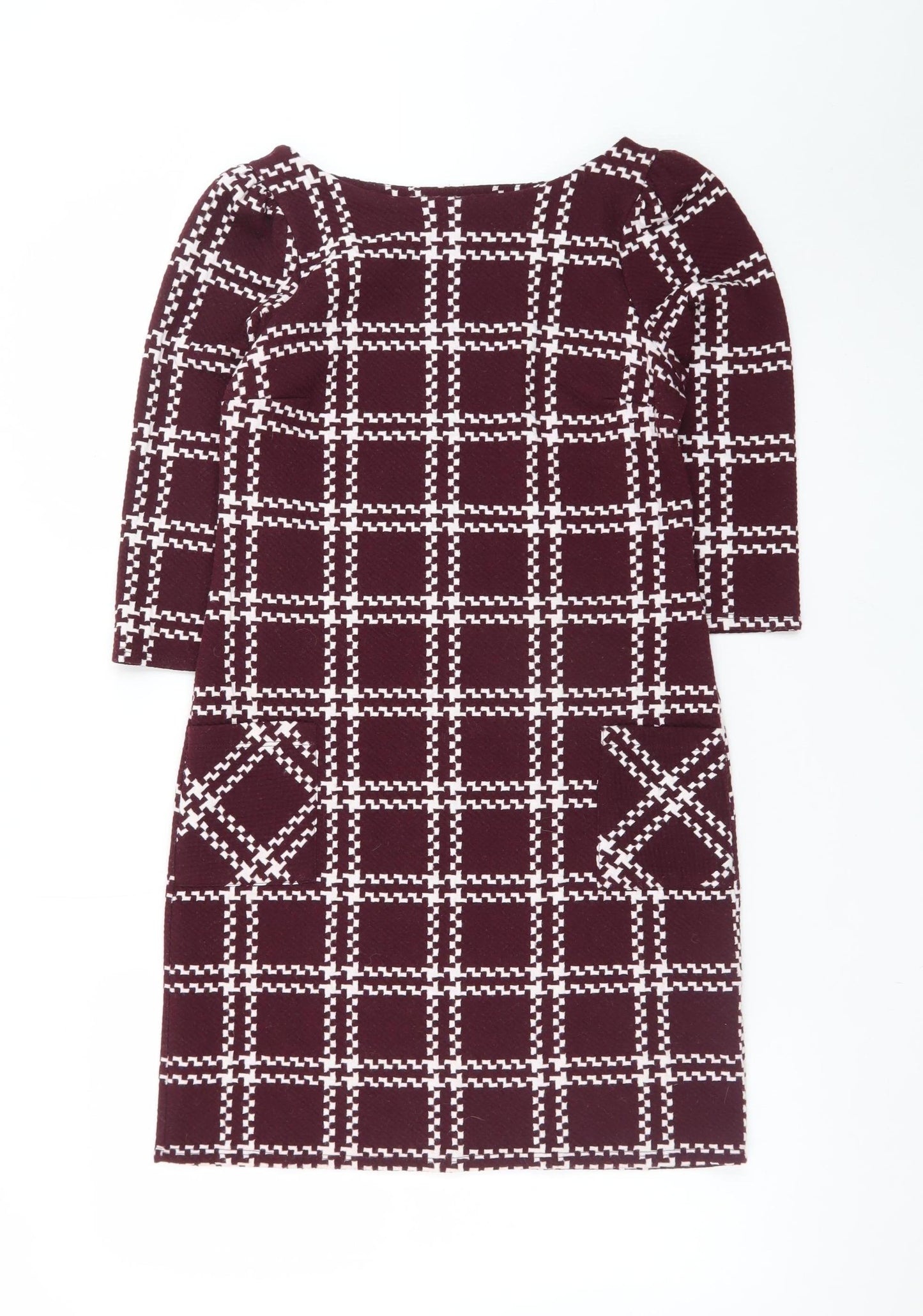 New Look Women Burgundy Check Shift Dress Size 6 3/4 Sleeve