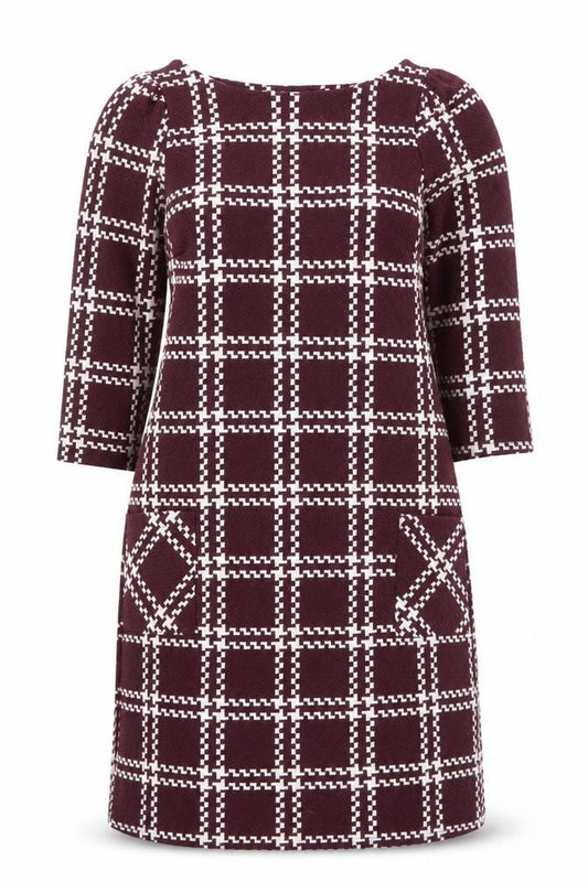 Front view of New Look Women Burgundy Check Shift Dress, size 6, 3/4 Sleeve