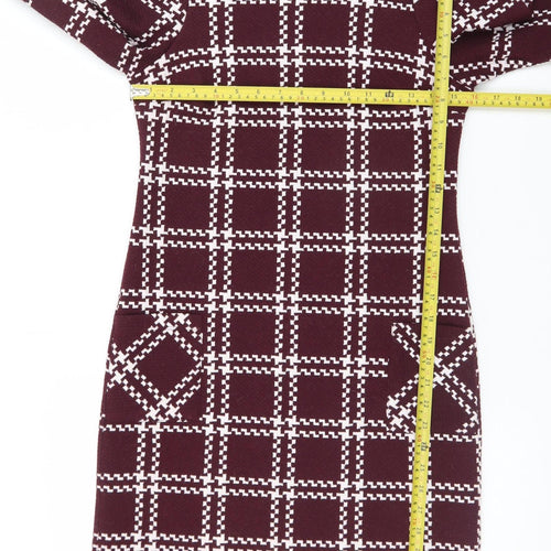 New Look Women Burgundy Check Shift Dress Size 6 3/4 Sleeve