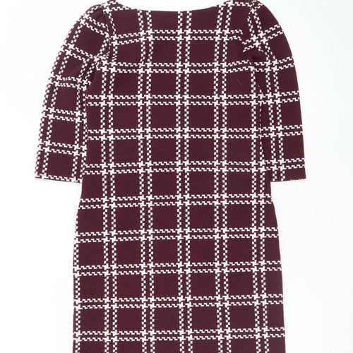 New Look Women Burgundy Check Shift Dress Size 6 3/4 Sleeve