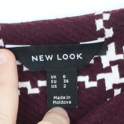 New Look Women Burgundy Check Shift Dress Size 6 3/4 Sleeve