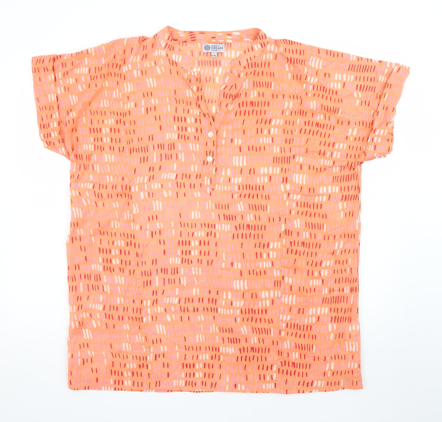 Dream Apparel Women Orange Cotton Tunic Blouse L Short Sleeve Boho
