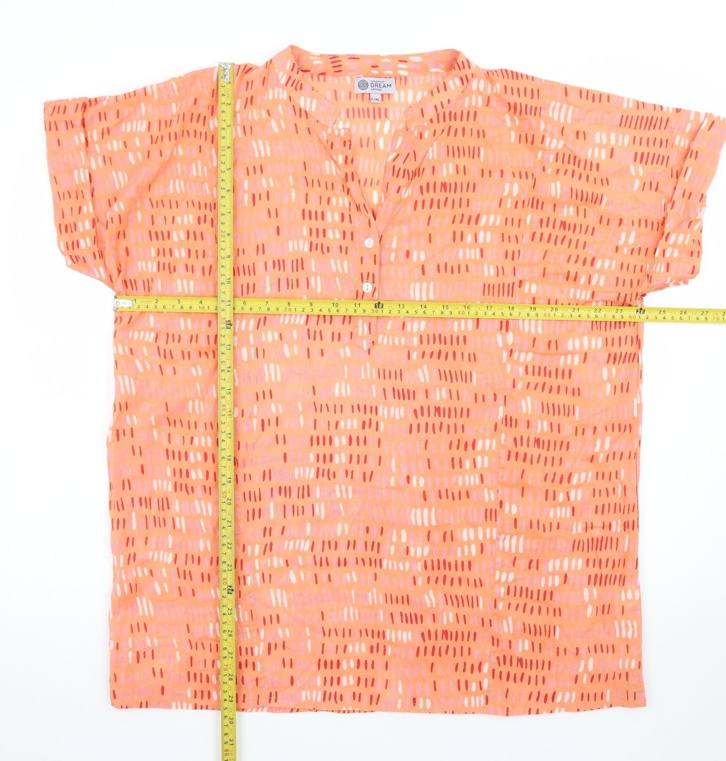 Dream Apparel Women Orange Cotton Tunic Blouse L Short Sleeve Boho