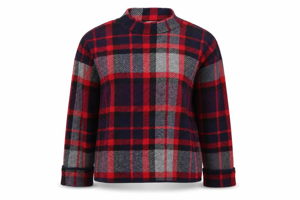 Front view of Warehouse Women’s Red Checked Wool Blend jumper, size UK 8