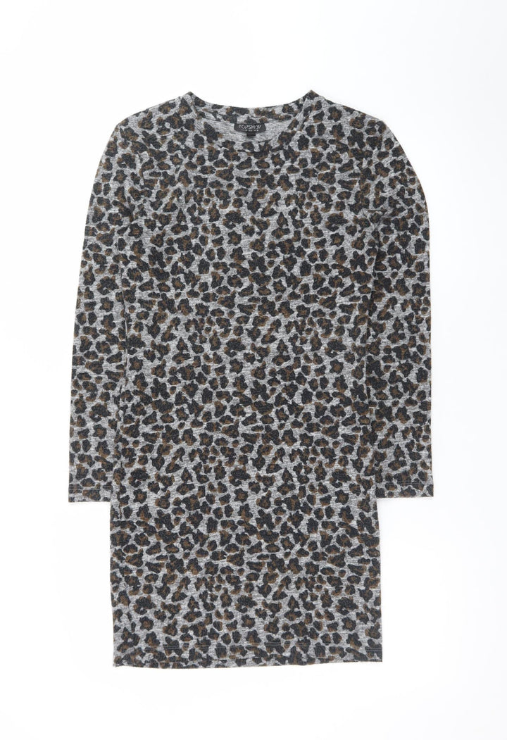 Topshop Women’s Grey Leopard Print Bodycon Dress Size 10
