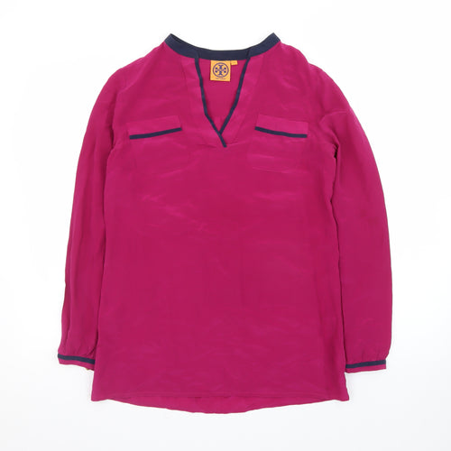 Tory Burch Womens Pink Long Sleeve Silk Polo Top Size S
