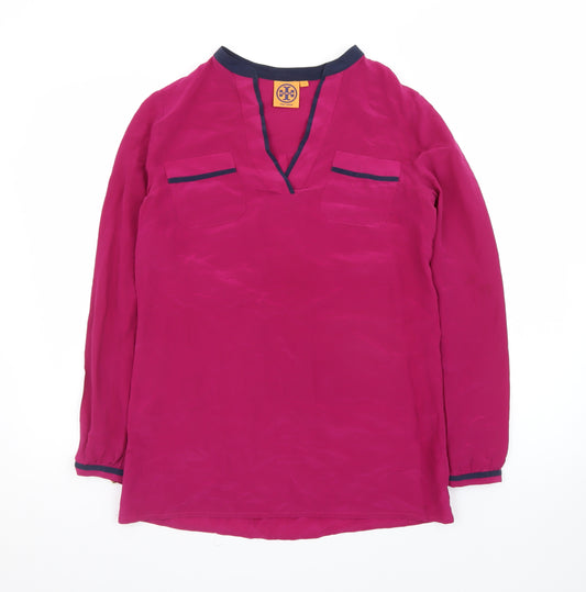 Tory Burch Womens Pink Long Sleeve Silk Polo Top Size S