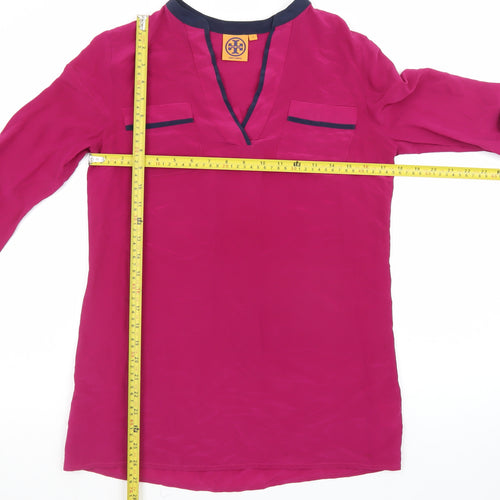 Tory Burch Womens Pink Long Sleeve Silk Polo Top Size S