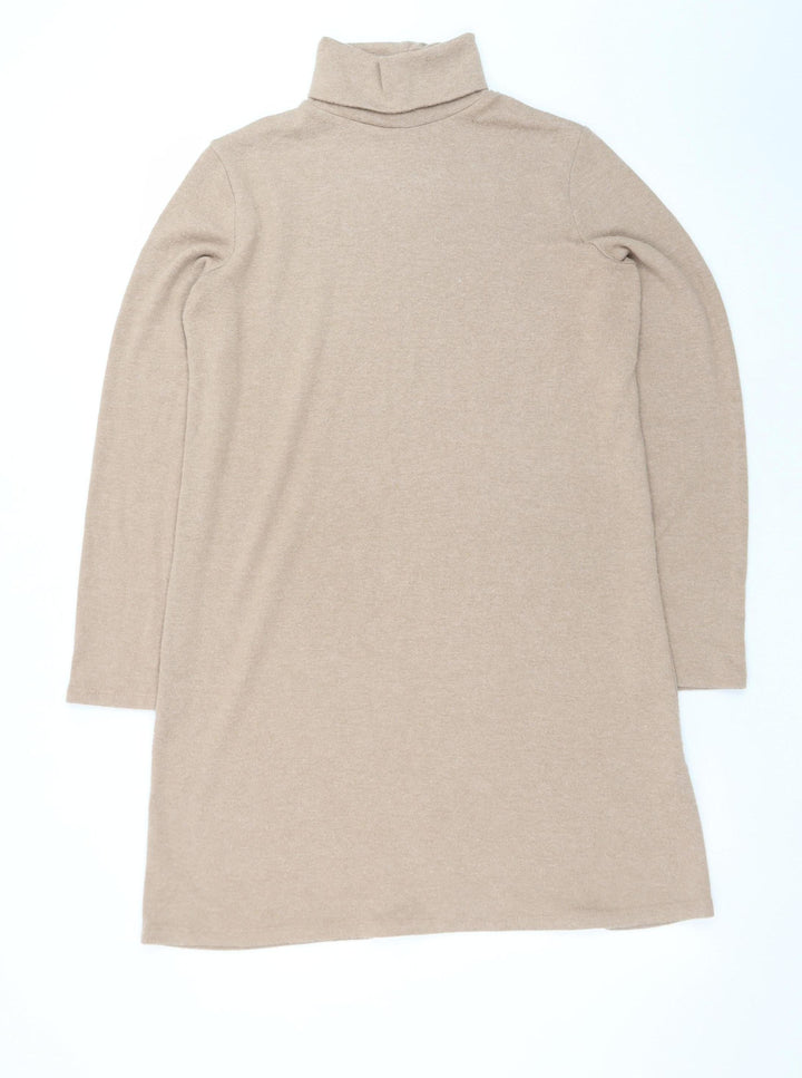 Zara Women Beige Knit Roll Neck Shift Dress Size 12