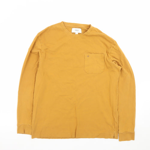 Marks and Spencer Men's Yellow Long Sleeve Cotton T-Shirt Size S