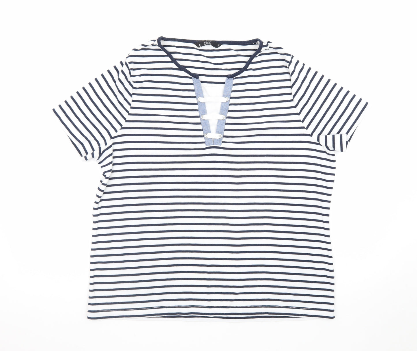 BM Casual Women's Blue Striped Short Sleeve V-Neck T-Shirt L