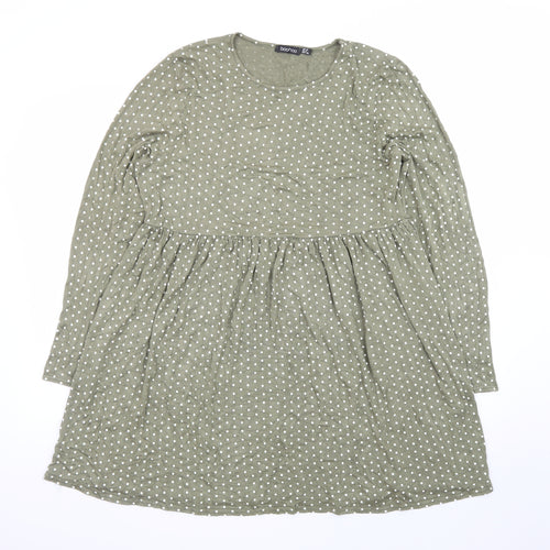 Boohoo Women's Green Polka Dot Long Sleeve Smocked Dress Size 10