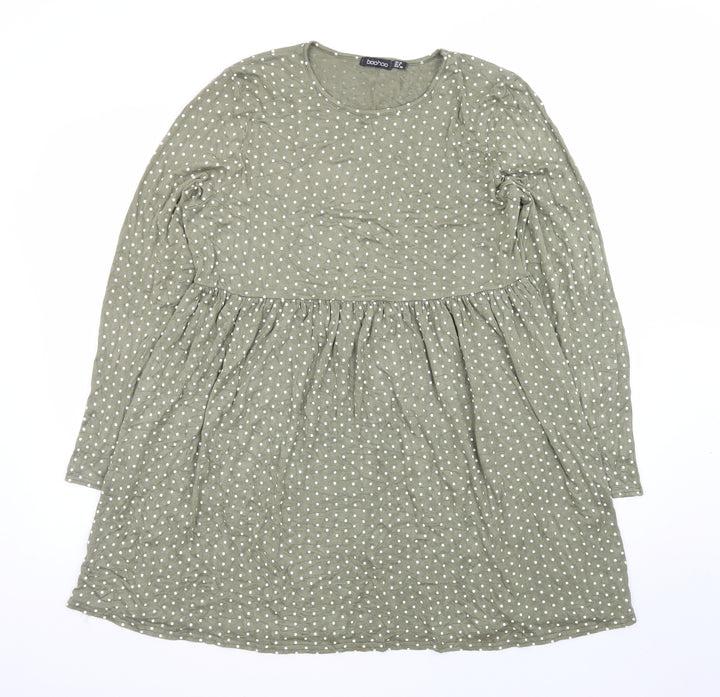 Boohoo Women's Green Polka Dot Long Sleeve Smocked Dress Size 10