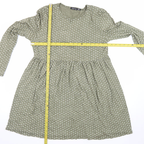 Boohoo Women's Green Polka Dot Long Sleeve Smocked Dress Size 10