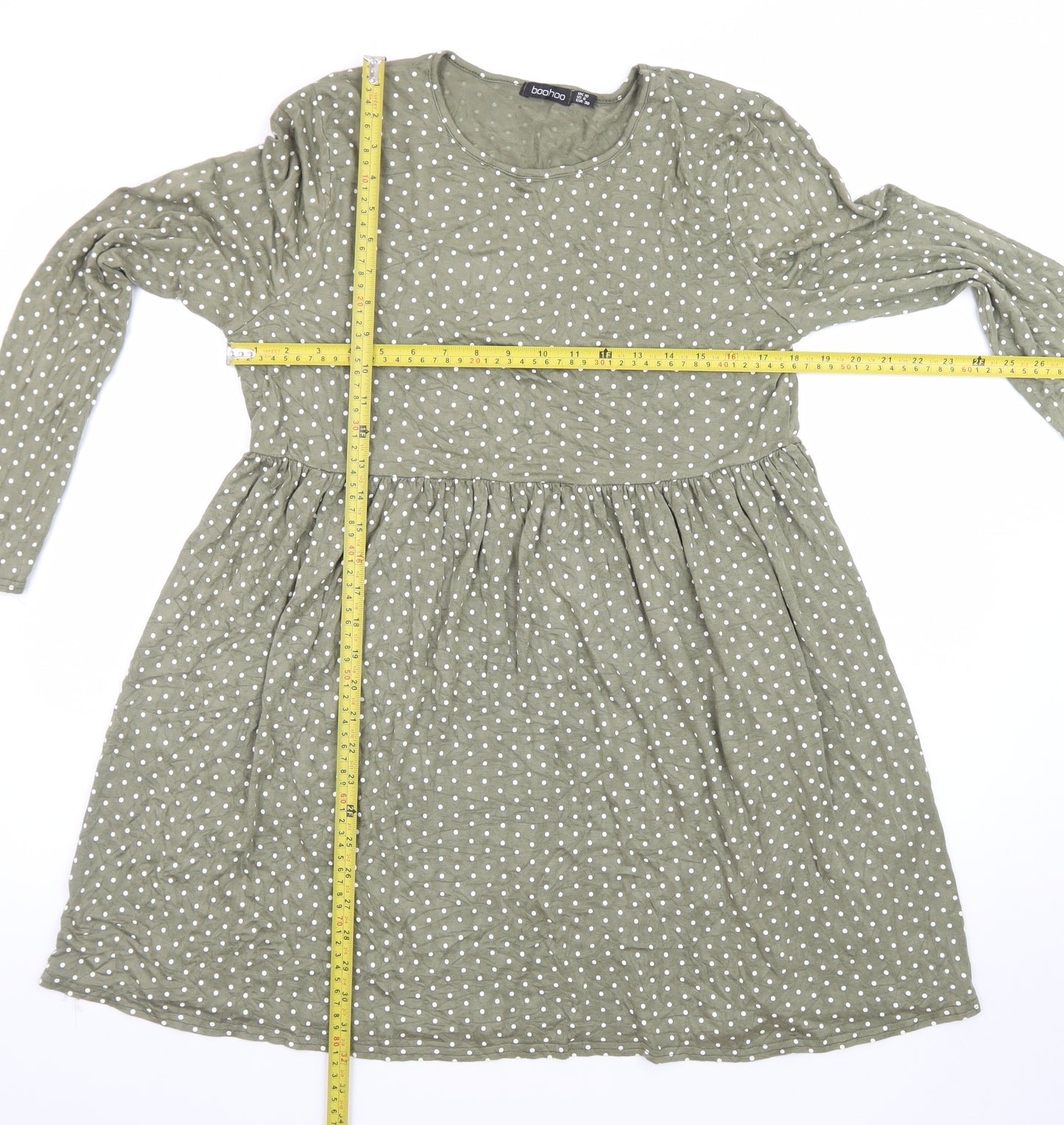 Boohoo Women's Green Polka Dot Long Sleeve Smocked Dress Size 10