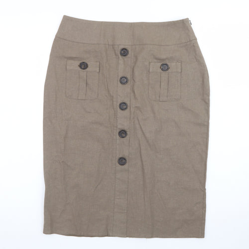 Rosetti Women Brown Linen Blend Button Front Pencil Skirt Size 10